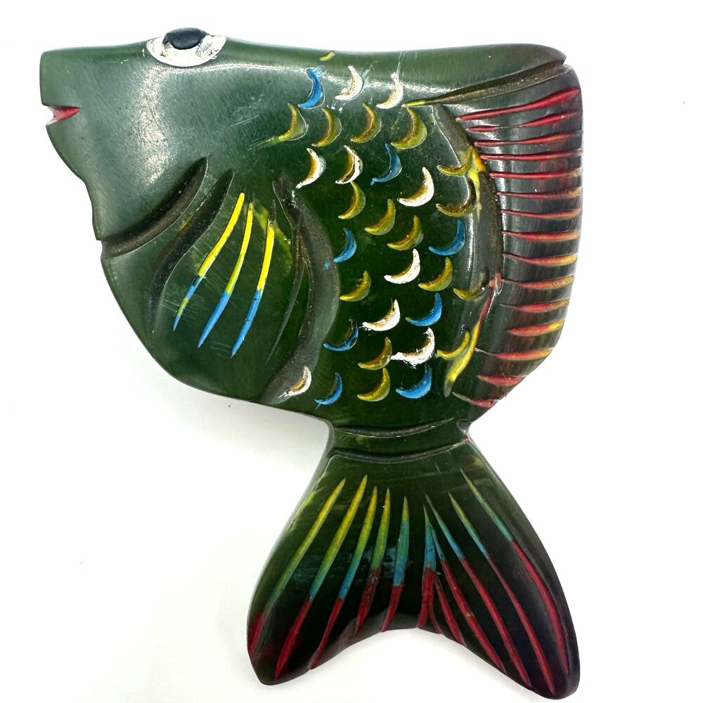 Antique vintage 1930s 1940s carved hand painted green Bakelite fish brooch